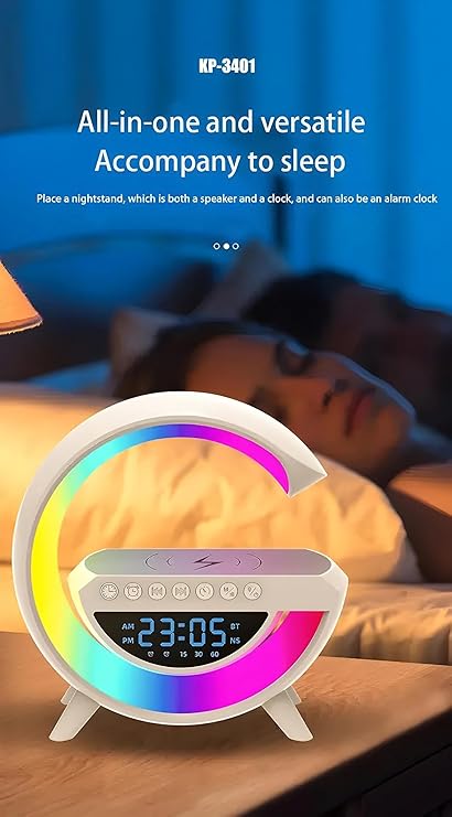 G-Shape Bedside Lamp with Wireless Charging Function, Wake Up Light, Daylight Alarm Clock, Dimmable Bluetooth Speaker, Music with 15 W Wireless Charger, Decoration, Living Room (G-Shape White)