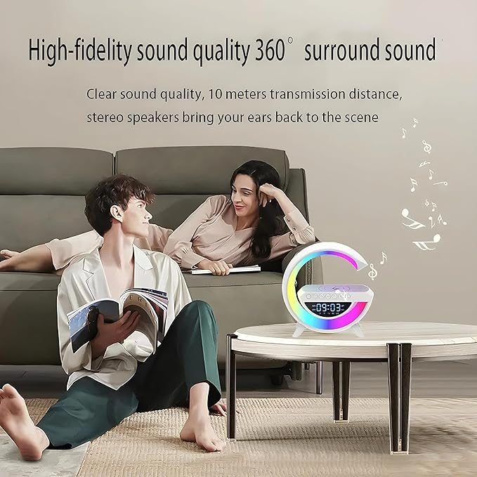 G-Shape Bedside Lamp with Wireless Charging Function, Wake Up Light, Daylight Alarm Clock, Dimmable Bluetooth Speaker, Music with 15 W Wireless Charger, Decoration, Living Room (G-Shape White)