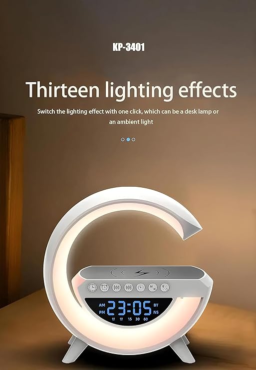 G-Shape Bedside Lamp with Wireless Charging Function, Wake Up Light, Daylight Alarm Clock, Dimmable Bluetooth Speaker, Music with 15 W Wireless Charger, Decoration, Living Room (G-Shape White)